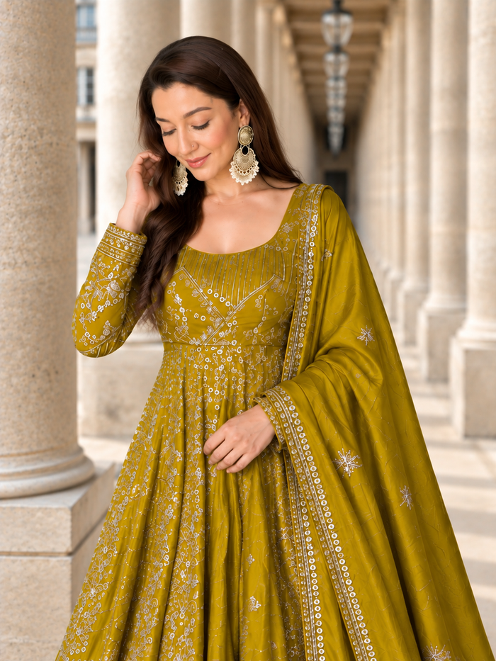 Mustard Embroidered Anarkali Gown Set