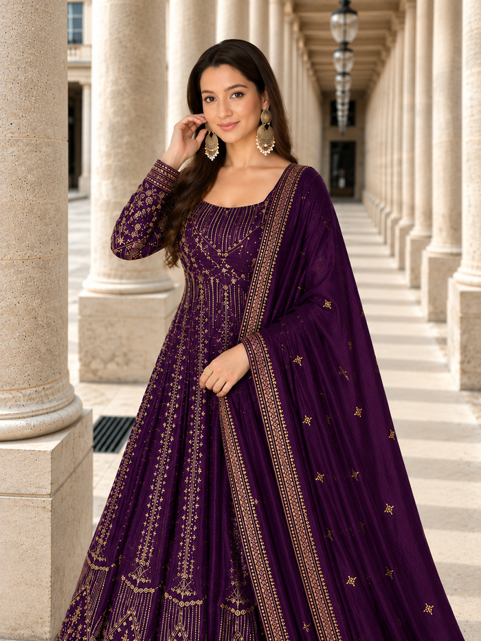 Purple Crunchy Silk Embroidered Anarkali Gown Set