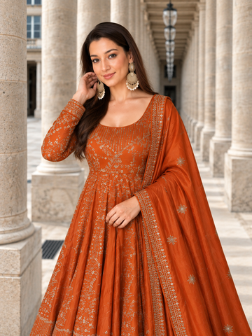 Orange Crunchy Silk Embroidered Anarkali Gown Set