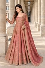 Rose Gold Embroidered Anarkali Gown Set