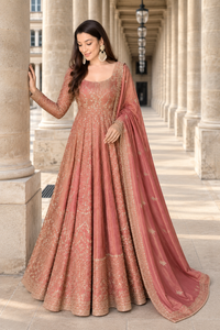 Rose Gold Embroidered Anarkali Gown Set