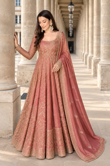 Rose Gold Embroidered Anarkali Gown Set