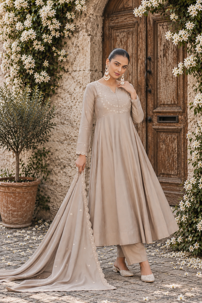 Beige Embroidered Vichitra Silk Anarkali Suit Set