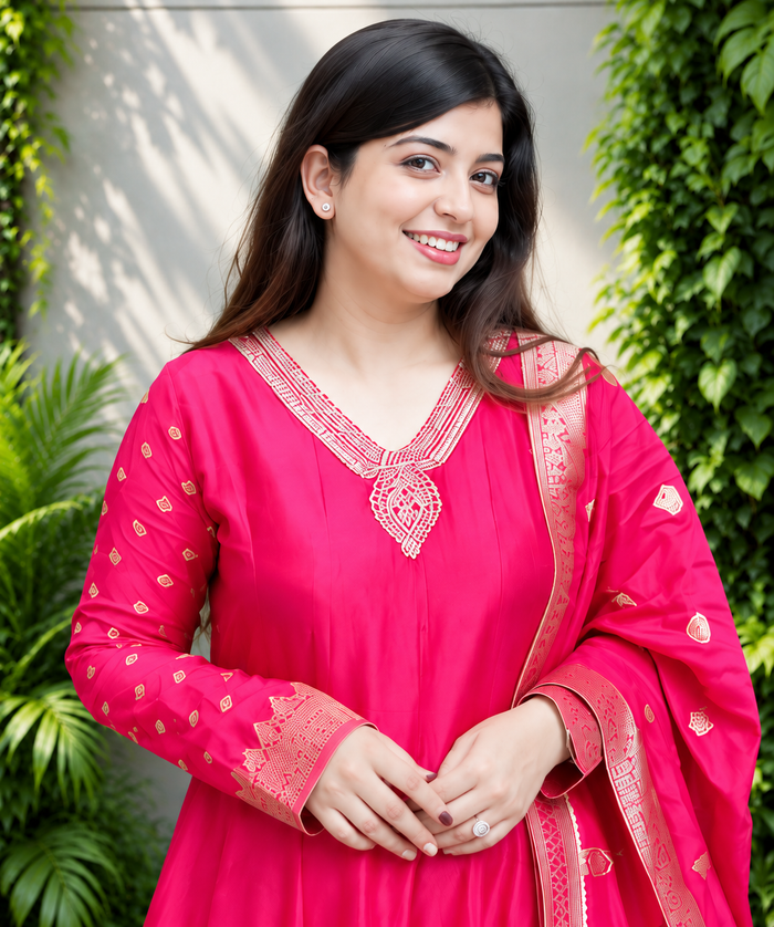Rani Pink Banarasi Anarkali Suit – Handwork & Zari Flare
