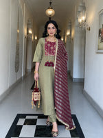 Olive Green & Wine Embroidered Anarkali Kurta Pant Set