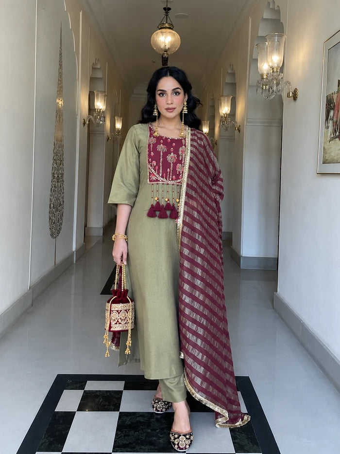 Olive Green & Wine Embroidered Anarkali Kurta Pant Set