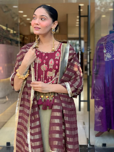 Olive Green & Wine Embroidered Anarkali Kurta Pant Set