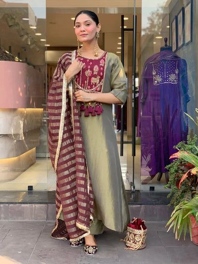 Olive Green & Wine Embroidered Anarkali Kurta Pant Set