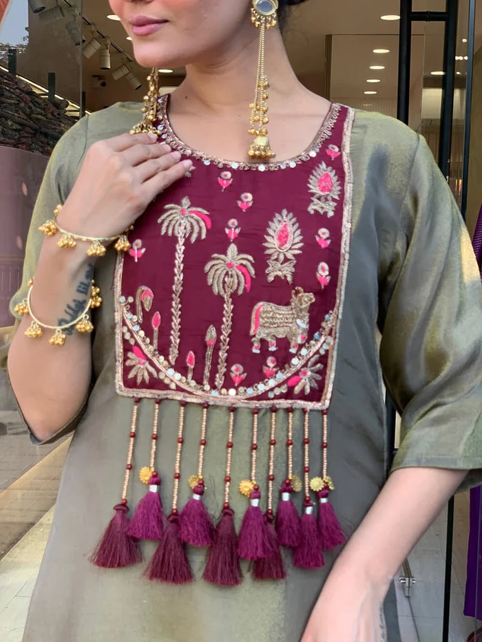 Olive Green & Wine Embroidered Anarkali Kurta Pant Set