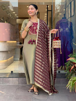 Olive Green & Wine Embroidered Anarkali Kurta Pant Set