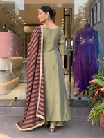 Olive Green & Wine Embroidered Anarkali Kurta Pant Set