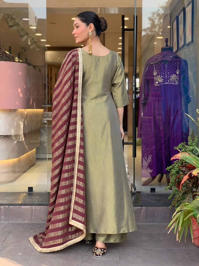 Olive Green & Wine Embroidered Anarkali Kurta Pant Set
