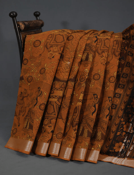 Captivating Brown Colored Cotton Linen Designer Printed Saree - Ibis Fab