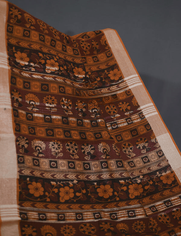 Captivating Brown Colored Cotton Linen Designer Printed Saree - Ibis Fab