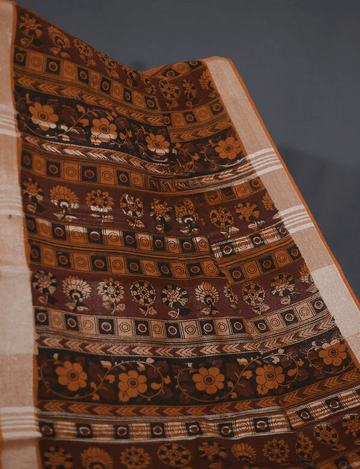 Captivating Brown Colored Cotton Linen Designer Printed Saree