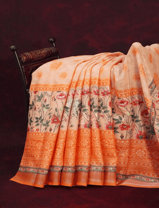 Captivating Orange Colored Cotton Linen Designer Printed Saree - Ibis Fab