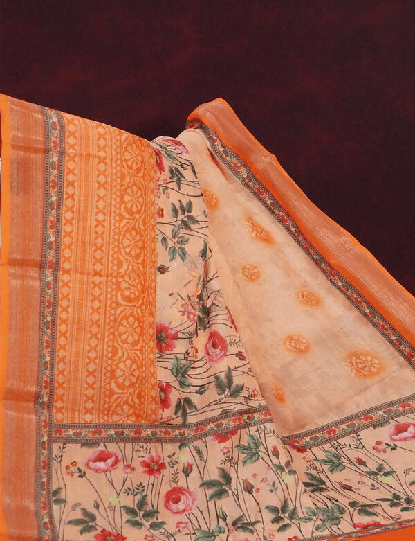 Captivating Orange Colored Cotton Linen Designer Printed Saree - Ibis Fab