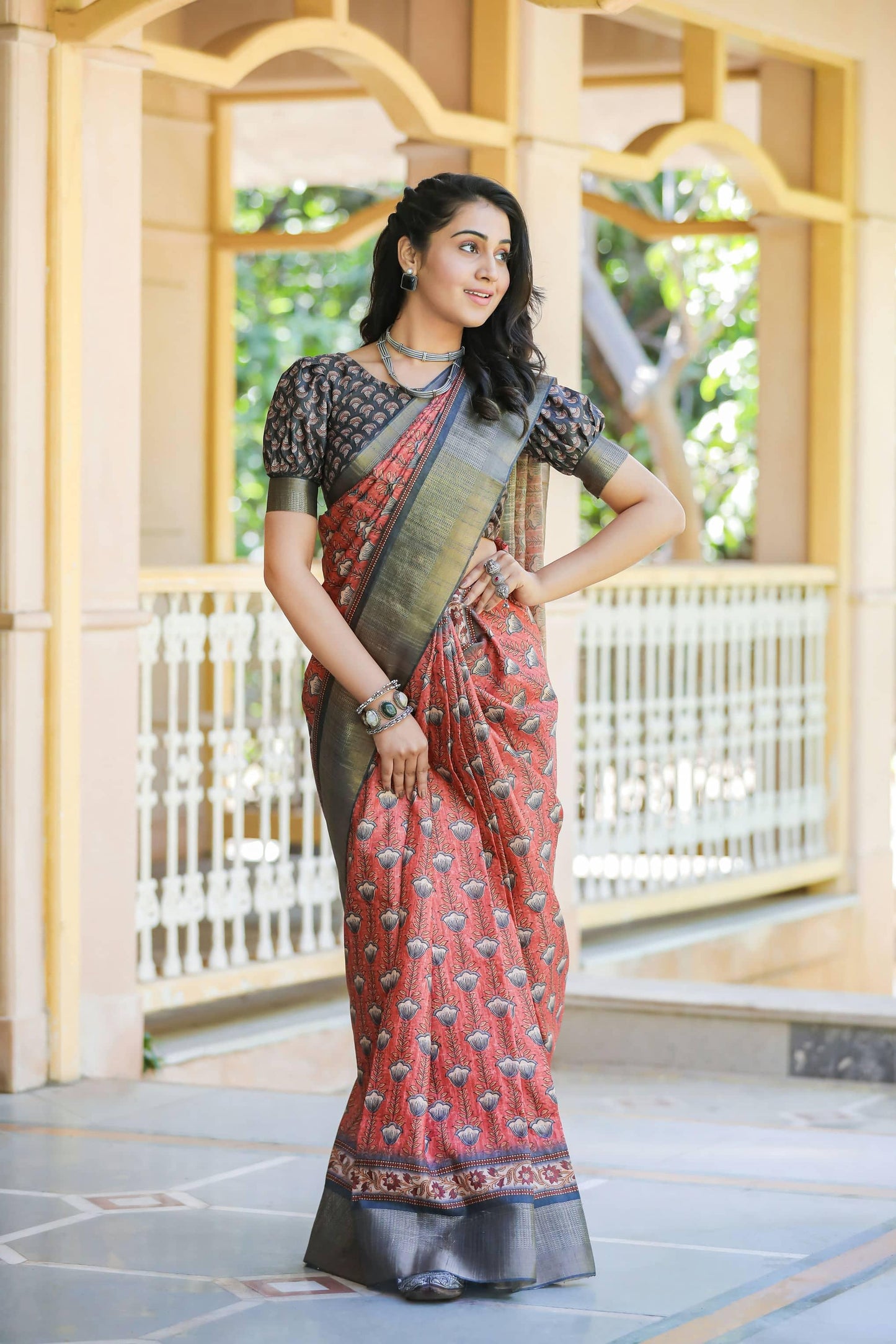 Captivating Red Colored Cotton Linen Designer Printed Saree - Ibis Fab