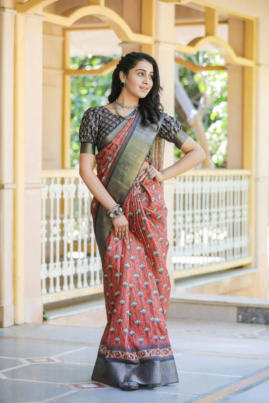 Captivating Red Colored Cotton Linen Designer Printed Saree - Ibis Fab