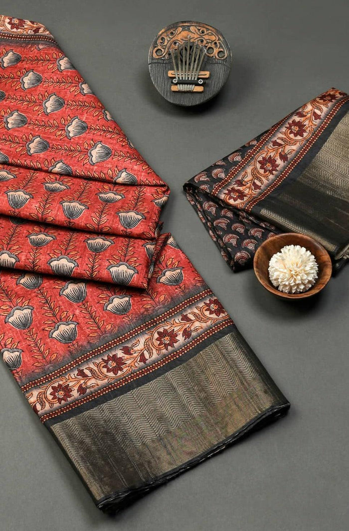 Captivating Red Colored Cotton Linen Designer Printed Saree