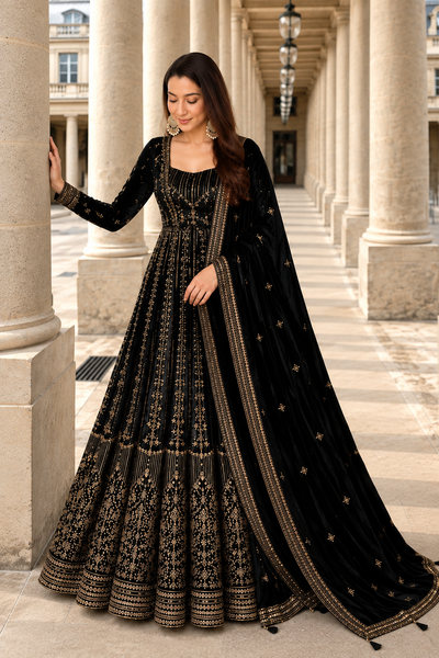 Black Crunchy Silk Embroidered Anarkali Gown Set