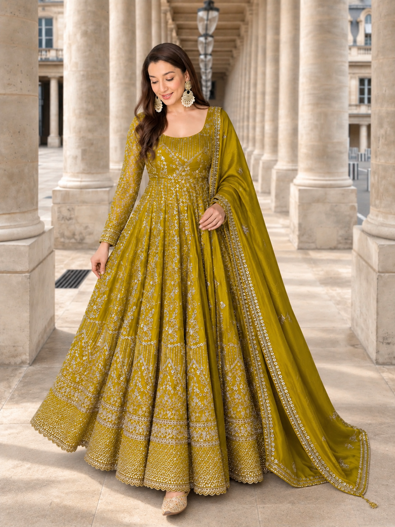 Mustard Embroidered Anarkali Gown Set