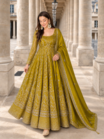 Mustard Embroidered Anarkali Gown Set