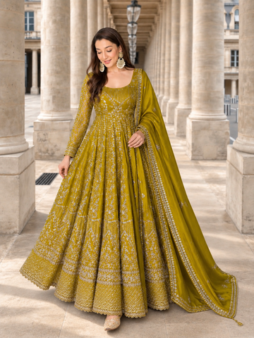 Mustard Embroidered Anarkali Gown Set