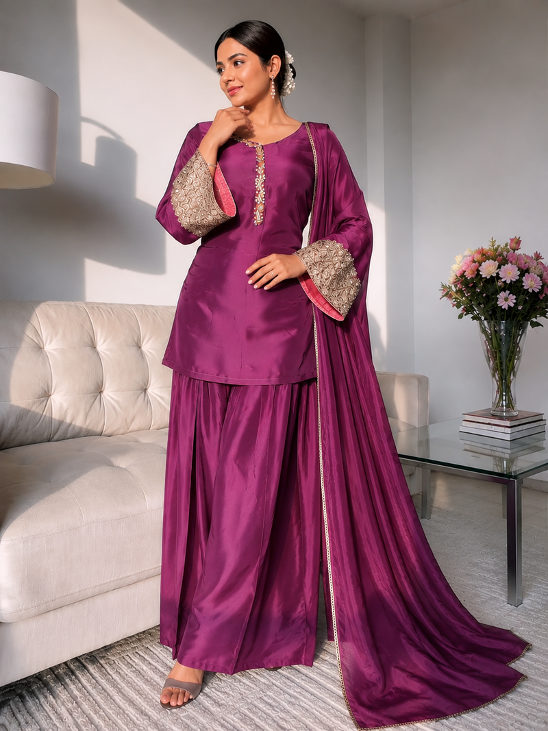 Wine Embroidered Kurta Pant Set