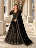 Black Crunchy Silk Embroidered Anarkali Gown Set