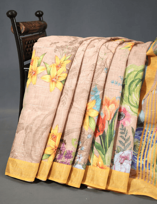 Charming Beige Colored Cotton Linen Designer Printed Saree - Ibis Fab