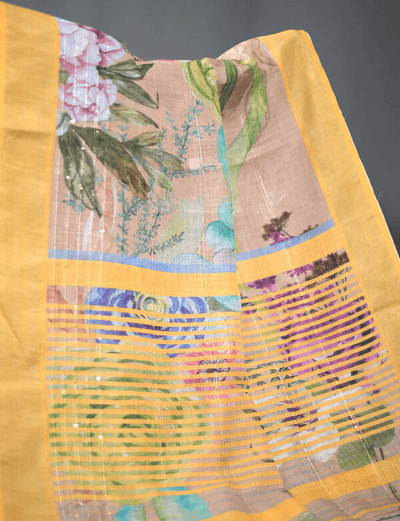 Charming Beige Colored Cotton Linen Designer Printed Saree - Ibis Fab