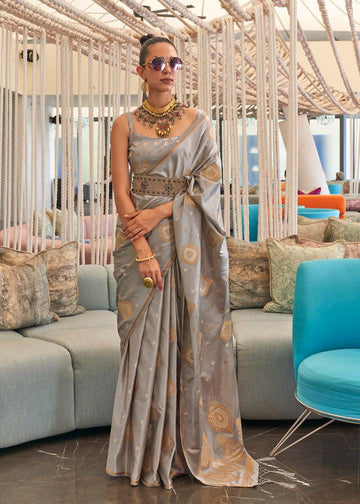 Charming Gray Colored Printed Pure Soft Silk Saree