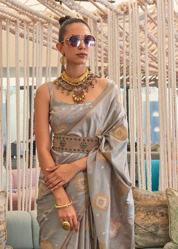 Charming Gray Colored Printed Pure Soft Silk Saree