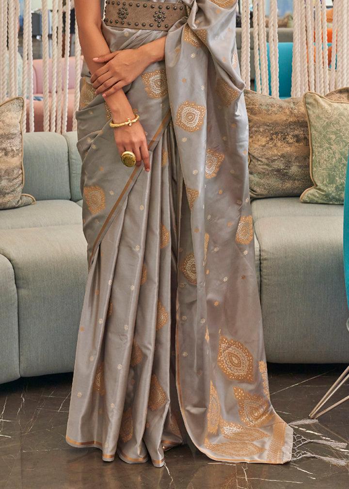 Charming Gray Colored Printed Pure Soft Silk Saree - Ibis Fab