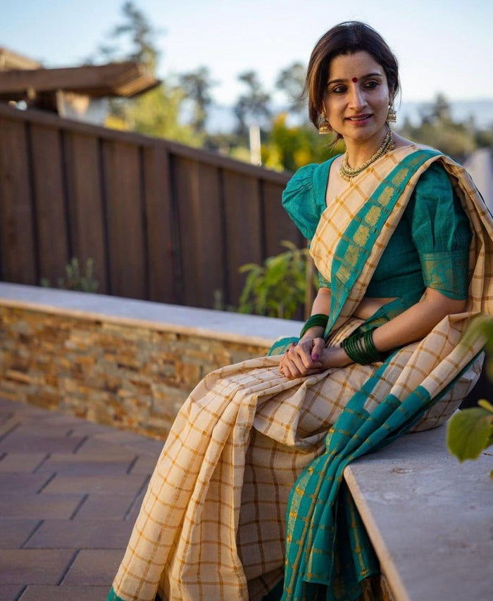 Cream Chex Banarasi Soft Silk Saree