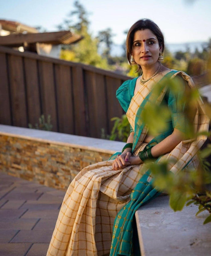 Cream Chex Banarasi Soft Silk Saree