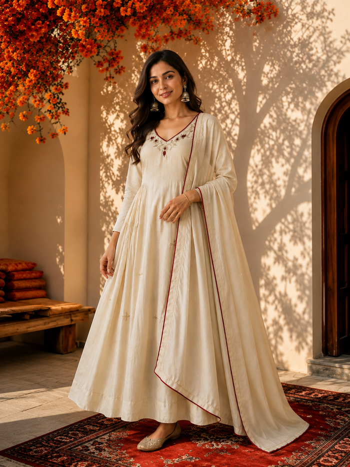 Ivory Embroidered Anarkali Suit Set