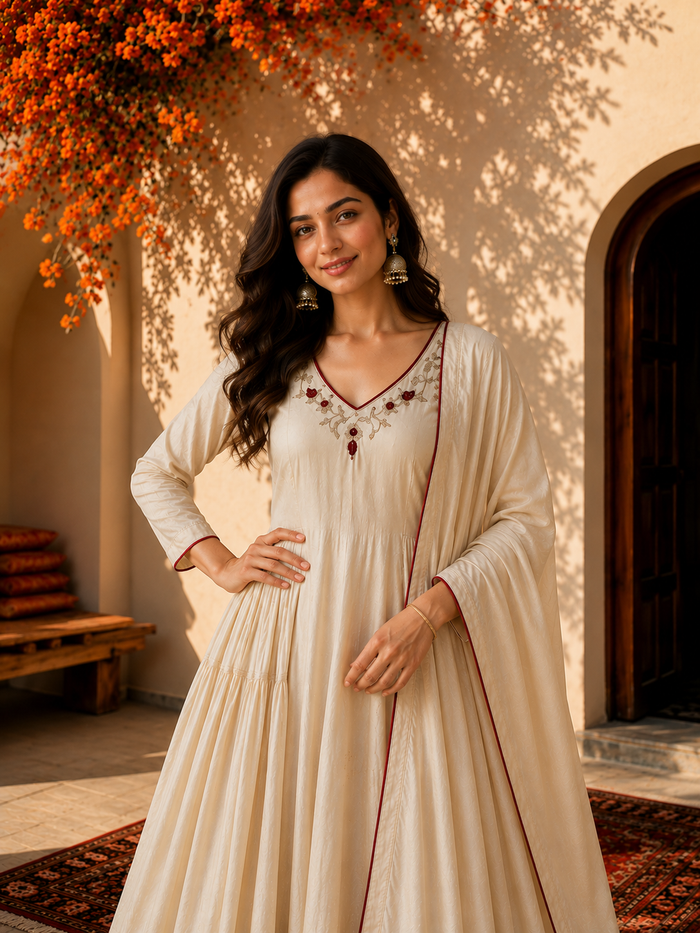 Ivory Embroidered Anarkali Suit Set