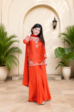 Elegant Sunset Orange Mul Chanderi Handcrafted Suit Set