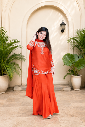 Elegant Sunset Orange Mul Chanderi Handcrafted Suit Set