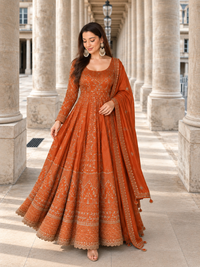 Orange Crunchy Silk Embroidered Anarkali Gown Set
