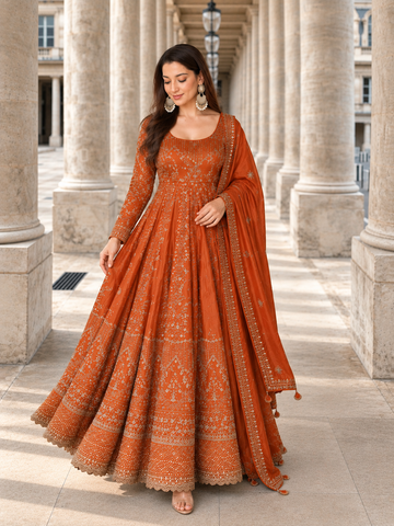 Orange Crunchy Silk Embroidered Anarkali Gown Set