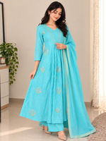 Sky Blue Embroidered Anarkali Kurta Pant Set with Dupatta