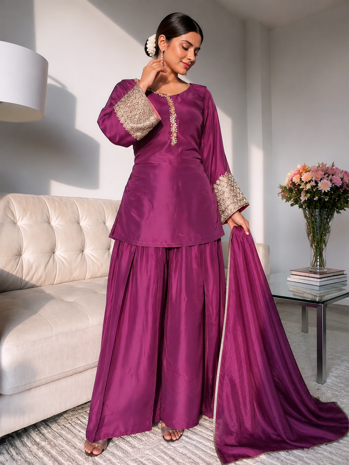 Wine Embroidered Kurta Pant Set