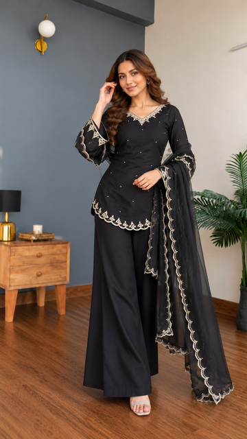Black Silk Crepe Embroidered Palazzo Set