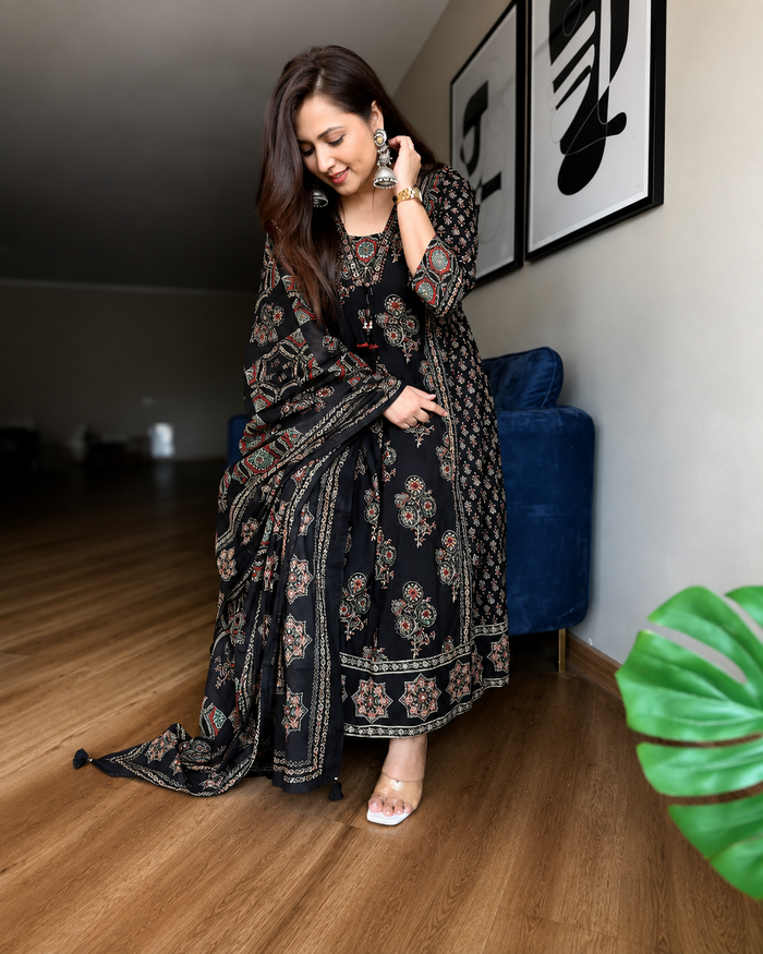 Black Ajarakh Buta Pure Cotton Anarkali Suit Set