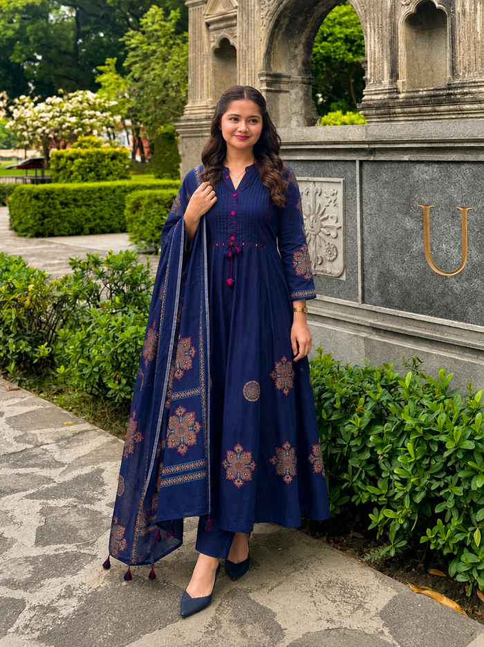 Pure Cotton Navy Blue Patchwork A-Line Kurta Pant Dupatta Set