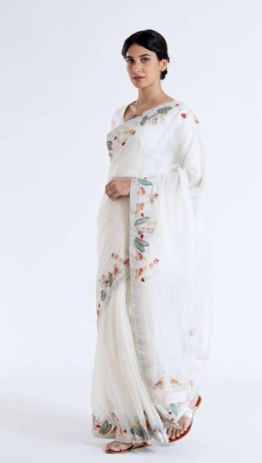 Daily Wear Digital Printed Linen Latest White Saree - Ibis Fab
