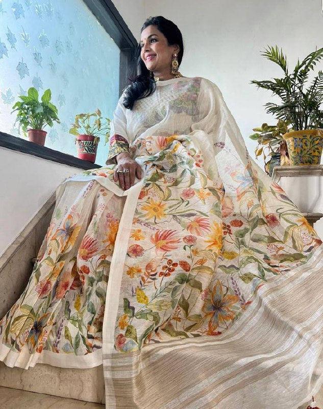 Daily Wear Digital Printed Linen Latest White Saree - Ibis Fab